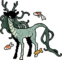 Longma dragon - a murky green dragon with a deerlike body and antlers, fish scales, and a dark mane and tail, surrounded by koi