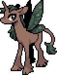 Brown unicorn with a green mane and green insect wings