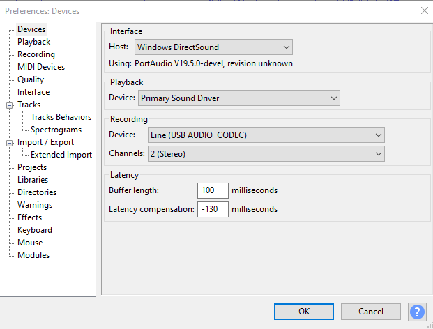 Audacity devices menu